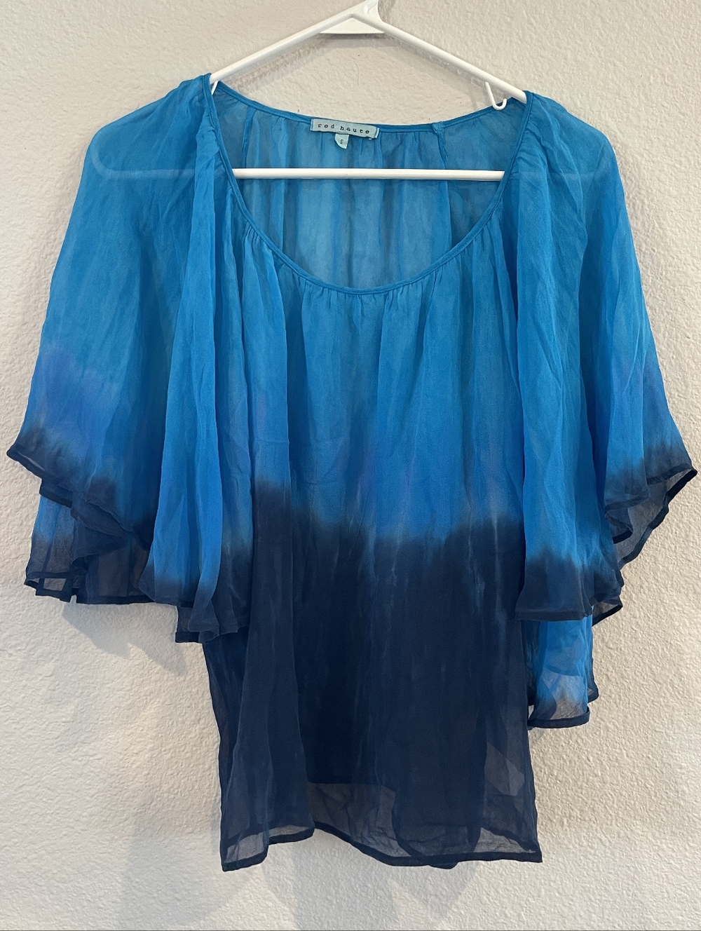 Red Haute Vintage Silk 2 Tone Blue Dip Ombre Flutter Ruffle Flowy Blouse SZ Sm